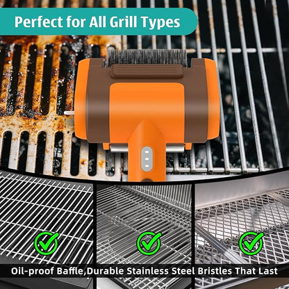 Electric Rechargeable Grill Brush,Grill Cleaner for Outdoor Grill with 800 RPM Motor - Bristle-Free Stainless Steel Grill Cleaner with LED Light for BBQ, Heavy Duty Grill Cleaning Tool (Champagne)