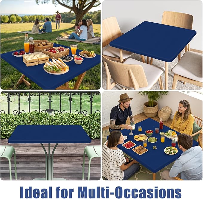 Spandex Square Table Cloth 6 Pack, Elastic Fitted Tablecloths for Picnic, Stretch Washable Patio Table Cover for Outdoor, Camping, Banquet and Parties (Navy, 34"x34")