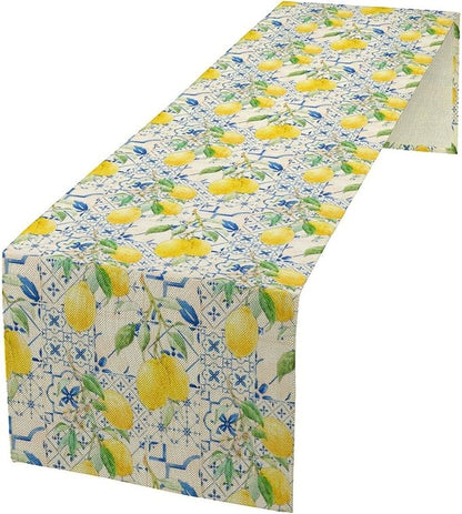 Lemon Table Runner, Summer Fruit Vintage Morocco Blue Tiles Table Runners for Farmhouse Coffee Home Kitchen Dining Party Patio Outdoor 13x108in