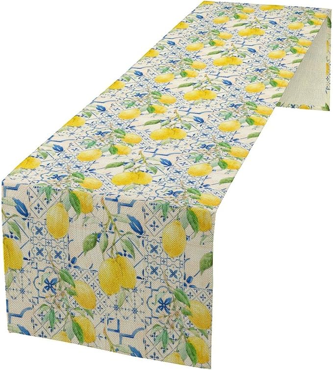 Lemon Table Runner, Summer Fruit Vintage Morocco Blue Tiles Table Runners for Farmhouse Coffee Home Kitchen Dining Party Patio Outdoor 13x90in
