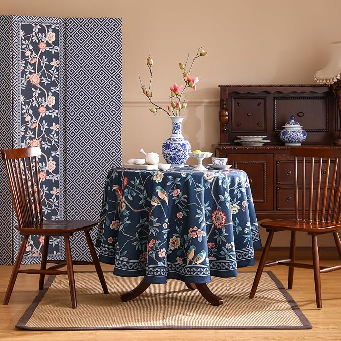 patdrea Designer Dark Blue Linen Round Tablecloth,Vintage Navy French Floral and Birds Pattern Table Cloth,Decoration Table Cover for Kitchen,Dining,Tea Party,Home,Christmas,Diameter 67"