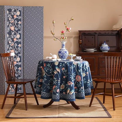 patdrea Designer Dark Blue Linen Round Tablecloth,Vintage Navy French Floral and Birds Pattern Table Cloth,Decoration Table Cover for Kitchen,Dining,Tea Party,Home,Christmas,Diameter 67"