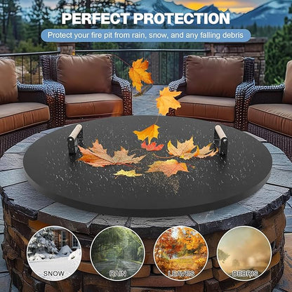 Fire Pit Lid Cover Round - 34" Rust Resistant Powder Coated Steel Firepit Cover or Table with 2 Wooden Handles for Patio Fire Pit, Weatherproof for All Seasons, Fits Fire Pits Up to 32"