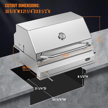 Hygrill Charcoal Grill Head for Outdoor Kitchen, 32-inch Stainless Steel Built-In Grill with Insulated Hood, Temperature Gauge and Fabric Cover