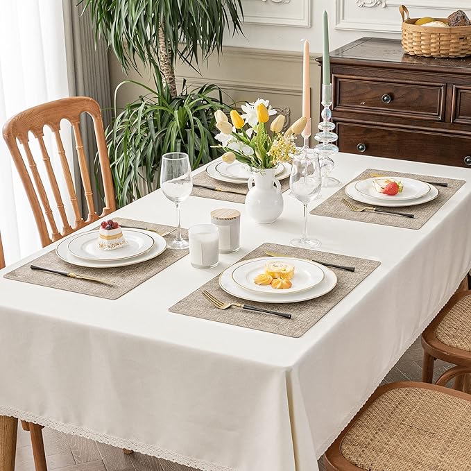 Romanstile Vinyl Placemats Set of 4-12 X 17 Inch - Heat Resistant Place Mats 100% Waterproof Oilproof Wipeable Reversible Faux Leather Table Mats for Kitchen, Dining, Party, Outdoor, Khaki