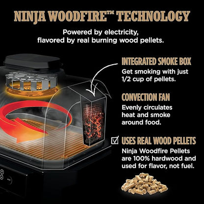Ninja | Grill & Smoker | Outdoor Woodfire Pro XL | 4 in 1 Grill, BBQ Smoker, Air Fryer & Bake | Portable | Includes Built in Thermometer & 2 Woodfire Pellet Packs | Dark Grey | OG850