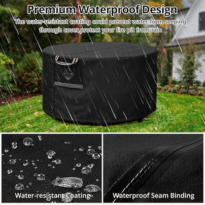 QH.HOME Fire Pit Cover Round Super Waterproof, 44" D X 24" H Outdoor Round Firepit Cover 600D Strong Tear Resistant, UPF 50+ Fire Pit Covers Premium Fading Resistant for Outdoor Fire Pit - Black