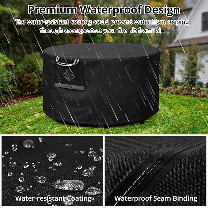 QH.HOME Fire Pit Cover Round Super Waterproof, 48" D X 24" H Outdoor Round Firepit Cover 600D Strong Tear Resistant, UPF 50+ Fire Pit Covers Premium Fading Resistant for Outdoor Fire Pit - Black