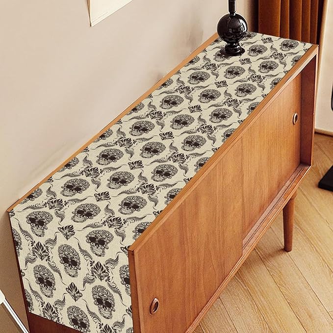 Gothic Table Runner, Retro Antique Damask Skull Pattern Classic Halloween Boho Black Coffee Vintage Table Center Decor for Kitchen and Dining Outdoor Home Country Party Table Decorations, 13"x72"