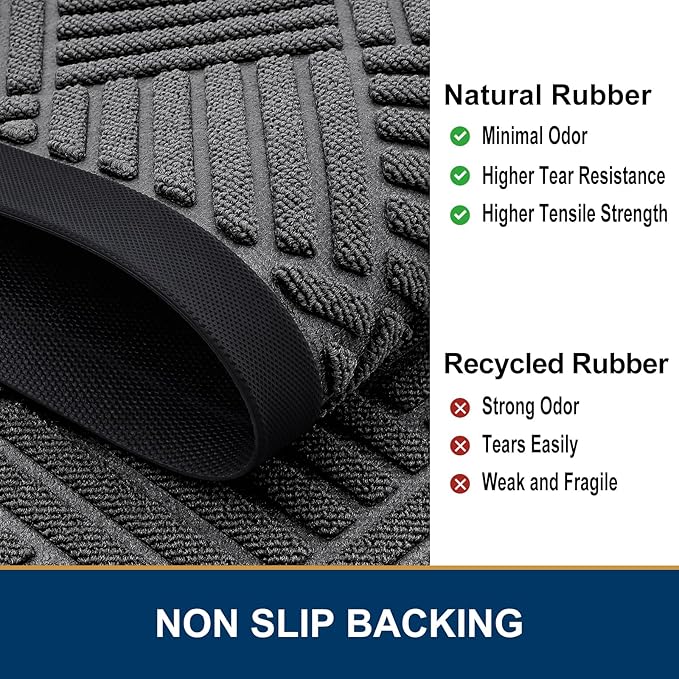 Smiry Front Door Mat Outside Entrance, Heavy Duty Outdoor Indoor Natural Rubber Doormat, Non Slip, Trap Dirt and Moisture, Easy Clean, Low Profile Patio Porch Entryway Mat, 29.5x17, Grey