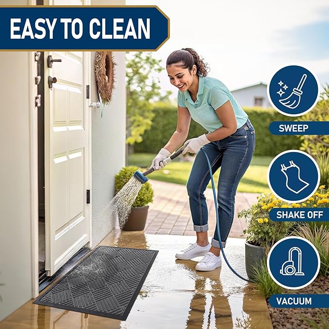 Smiry Front Door Mat Outside Entrance, Heavy Duty Outdoor Indoor Natural Rubber Doormat, Non Slip, Trap Dirt and Moisture, Easy Clean, Low Profile Patio Porch Entryway Mat, 71x23, Grey