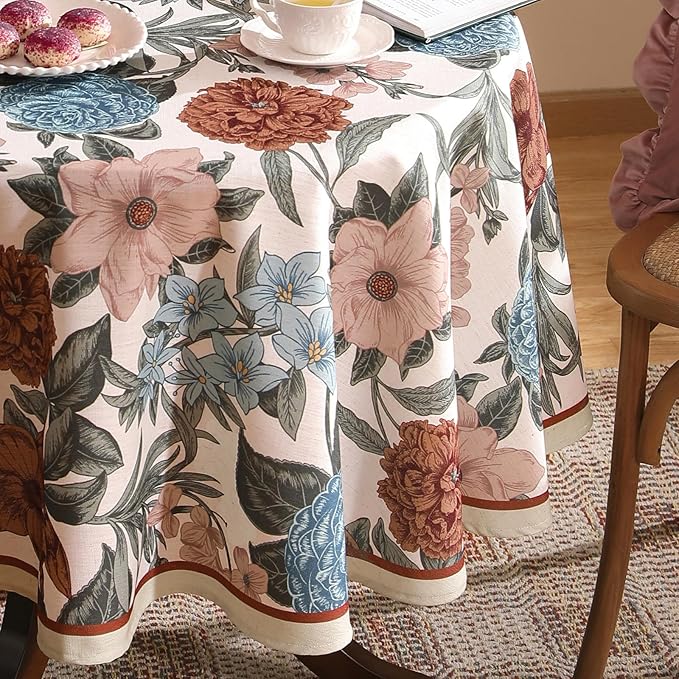 Designer French Linen Small Tablecloth for Round Table,Red and Blue Floral Durable Tablecloths,Decor Table Cover for Kitchen,Dining,Thanksgiving,Farmhouse,Diameter 55"-Burgundyred