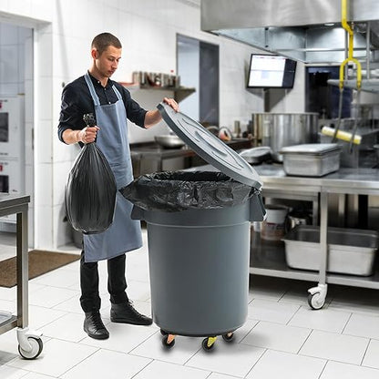 PRO&Family Commercial Round Trash Can with Lid and Dolly Rolling Waste Container, Ingredient Bin, Heavy-Duty Plastic, Anti-Static, Kitchen, Office, Outdoor Use (Gray, 55 Gallon)