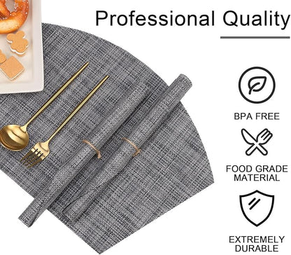 SHACOS Wedge Placemats Set of 4 Woven Vinyl Small Round Table Placemats Wipe Clean Round Table Mats Placement Mat Indoor Outdoor, Dark Gray