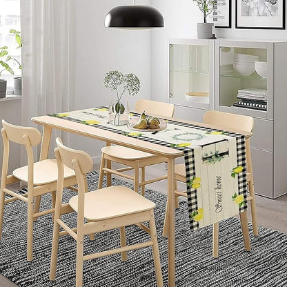 Lemon Fruit Home Table Runner,Vintage Farmhouse Rustic Black White Buffalo Plaid Dining Table Decoration for Home Holiday Party Dresser Kitchen Cabin Restaurant Wedding Decor 13×60in