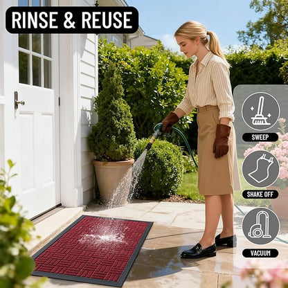 OLANLY Front Door Mat Outside Entrance 47x23, Absorbent, Heavy Duty Sturdy Natural Rubber Doormat Indoor Outdoor, Non-Slip, Stain and Fade Resistant, Low Profile Floor Mat for Entryway, Black Red