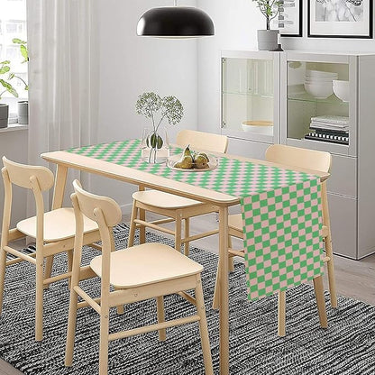 Retro Checkered Table Runner, Cute Pink Green Checkerboard Vintage Hippie Modern Aesthetic Table Runner for Party Kitchen Dining Home Outdoor Banquet 13x70in
