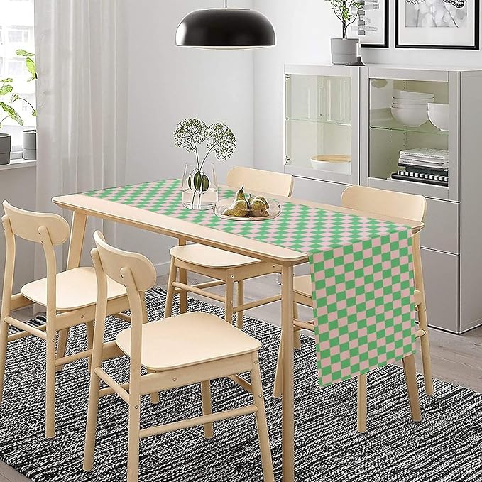 Retro Checkered Table Runner, Cute Pink Green Checkerboard Vintage Hippie Modern Aesthetic Table Runner for Party Kitchen Dining Home Outdoor Banquet 13x120in