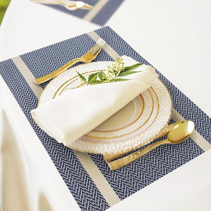 Vinyl Placemats Set of 8, PVC Woven Washable Non-Slip Table Mats, Heat Resistant Wrinkle Free Place Mats for Dining Table, Easy to Clean (Dark Blue)