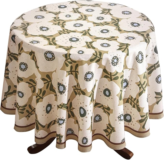 Designer Vintage Round Tablecloth,Linen French Tablecloth with White Floral Pattern,Decorative Table Cover for Kitchen,Dining,Thanksgiving,Tea Party,Diameter 67"-Hidaka