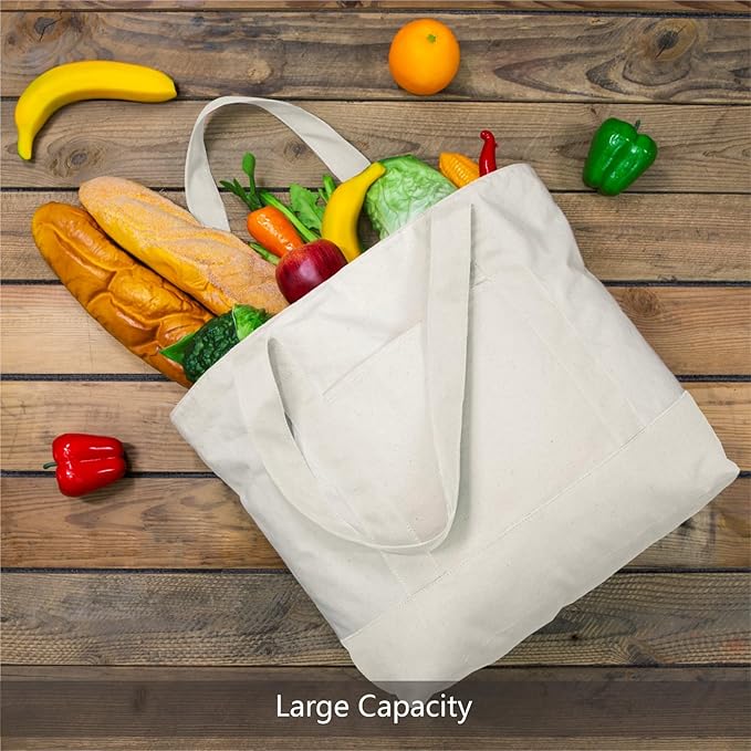 TOPDesign 30-Pack Canvas Tote Bags with an External Pocket, Reusable Grocery Shopping Bags, Top Zipper Closure, Daily Essentials (Natural)