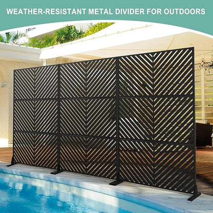 Metal Privacy Screen for Outdoor & Indoor Use, Free Standing Privacy Screen for Patio Garden Pool, 72" H x 47" W Decoative Privacy Panels, Weather Resistant, Easy Assembly (Black Parallel Line)