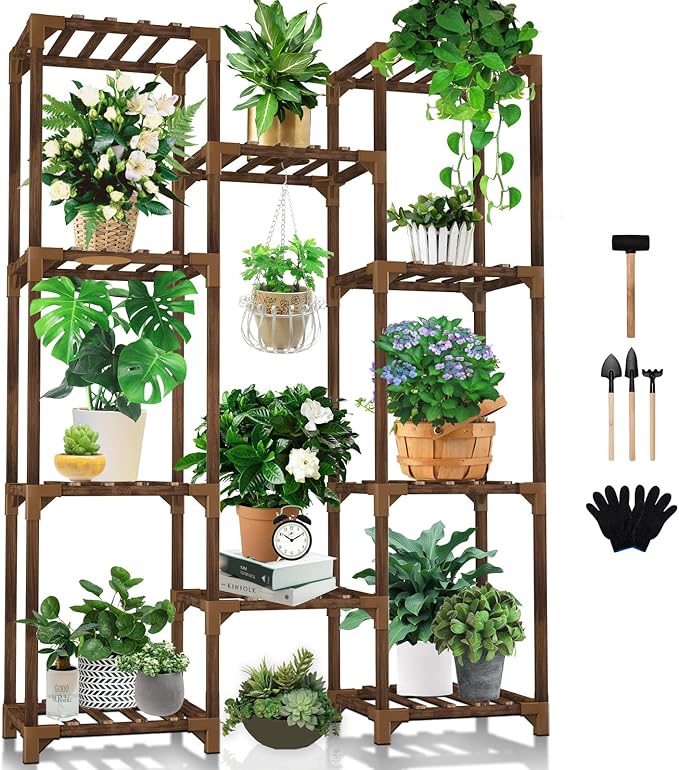 Plant Stand Indoor Outdoor, 10 Tiered Plant Shelf Wood Plant Rack | Tall Plant by Uneedem