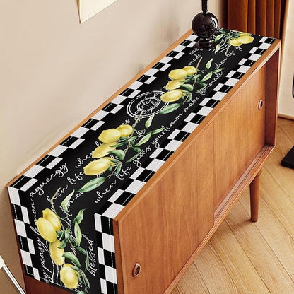 Lemon Table Runner, Farmhouse Black Buffalo Plaid Seasonal Summer Spring Fruits Rustic Coffee Table Center Decor for Home Kitchen Dining Party Patio Indoor Outdoor Table Decorations, 13"x108" Inch