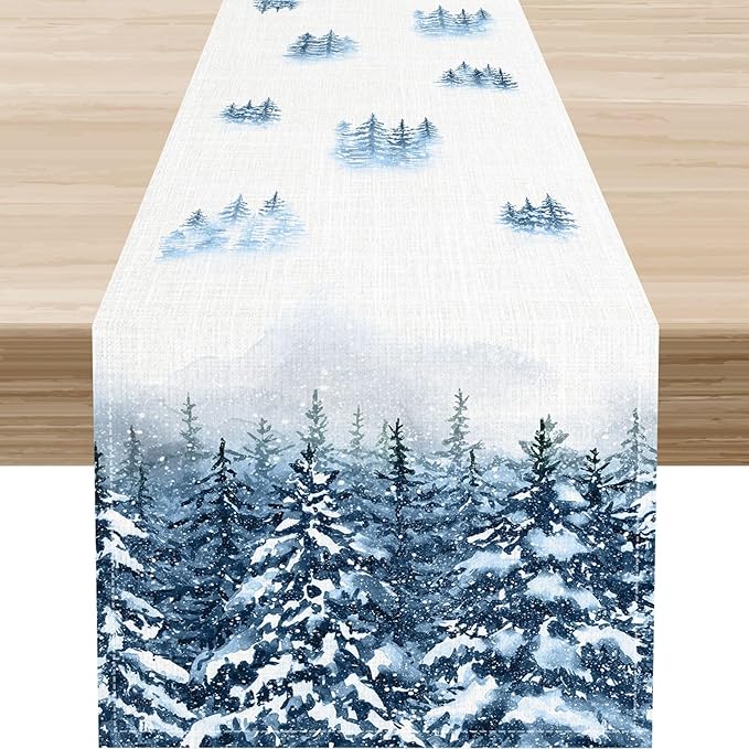 Forest Table Runner, Rustic Farmhouse Mountains Birds Pine Tree Woodland Jungle Cottage Country Coffee Table Center Decor for Home Kitchen Dining Patio Holiday Party Table Decorations, 13"x72" Inch