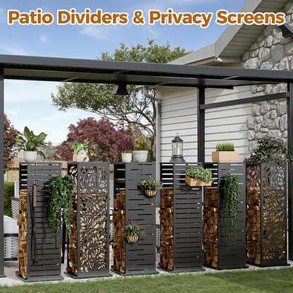 4ft Firewood Rack with Parallel Louver Pattern, Fire Wood Holder Log Storage Rack with Hooks Adjustable Feet, Firewood Stacker for Outdoor Indoor Pergola Gazebo Patio Balcony Black