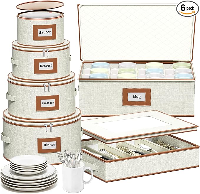 Aokeyee China Storage Containers- 6 Piece Set Hard Shell Moving Box for Dishes, Plate, Mugs, Cup, Silverware, Flatware, Saucers, Dinnerware, Sturdy Quilted Organizer with Soft Dividers, Handles, Ivory
