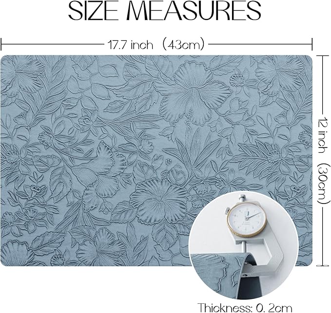 Romanstile Vinyl Placemats Set of 6-12 X 18 Inch - Heat Resistant Non-Slip Embossed Floral Place Mats 100% Waterproof Oilproof Wipeable Faux Leather Table Mats for Kitchen/Dining/Party, SkyBlue
