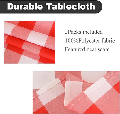 Cupuamon 2 Pack Waterproof Polyester Fabic Rectangle Checkered Tablecloth，60x102 Outdoor Table Cloth，Oil Stain Prevention Table Cloth for Pinics and Parties（Red and White）
