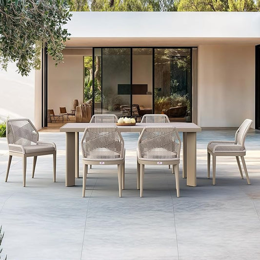 PURPLE LEAF 7 Pieces Patio Dining Set Aluminum Modern Rectangular Table and Wicker Chairs with Cushions for Kitchen Porch Garden Outdoor Furniture Sets, Champagne