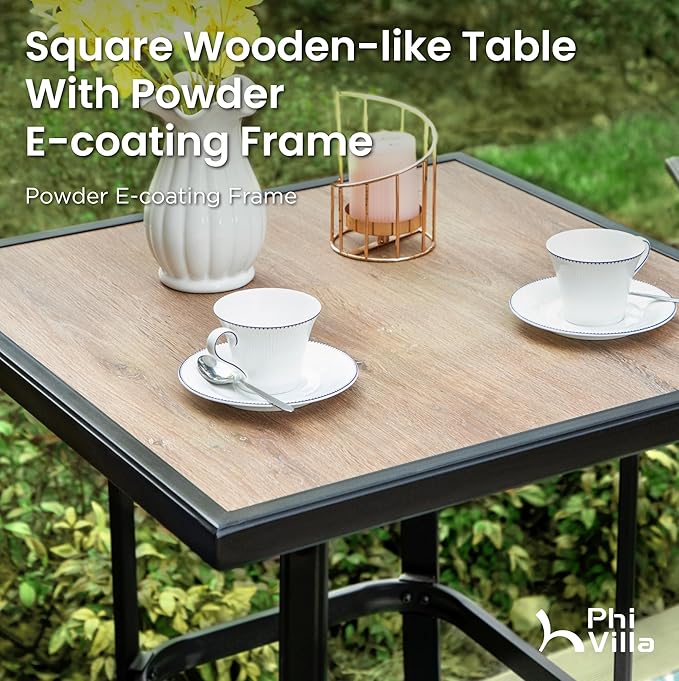 PHI VILLA 5 Piece Outdoor Bar Set with Swivel Patio Bar Stools, Patio Bar Bistro Table and Chairs with Brown Textilene Fabric & Square Bar Table for Deck, Balcony and Garden
