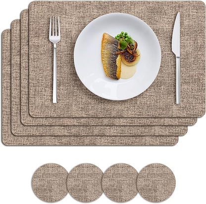 MOSAYT Placemats Set of 4, Heat Resistant Vinyl Place Mats with Coasters, 100% Waterproof Wipeable Washable Faux Leather Table Mats for Kitchen Dining Party Indoor Outdoor, 12" x 17", Khaki