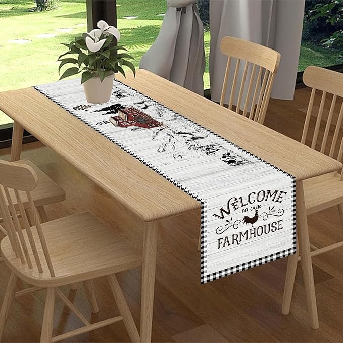 Farmhouse Rooster Table Runner, Rustic Farm Animals Cow Pig Chicken Coffee Table Center Decor for Home Kitchen Dining Patio Holiday Party Indoor Outdoor Table Decorations, 13"x90" Inch