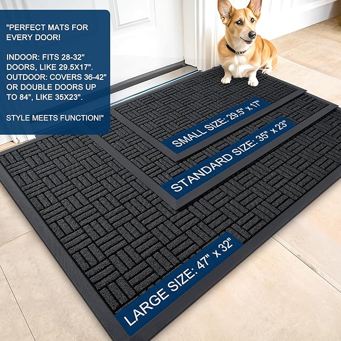 OLANLY Front Door Mat Outside Entrance 33x21, Absorbent, Heavy Duty Sturdy Natural Rubber Doormat Indoor Outdoor, Stain and Fade Resistant, Non-Slip Backing Low Profile Floor Mat for Entryway, Black