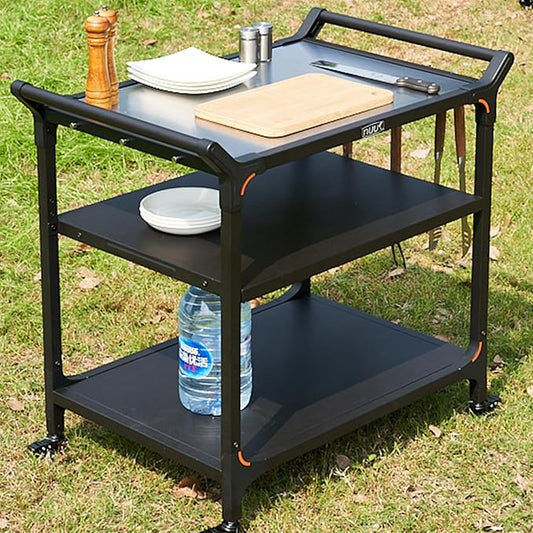 NUUK Outdoor Pizza Oven Table with Three-Shelf 24" x 32" Grill Cart Stainless Steel Rolling Prep Table with Solid Steel Frame, Outdoor Cooking Station Dining Bar Table
