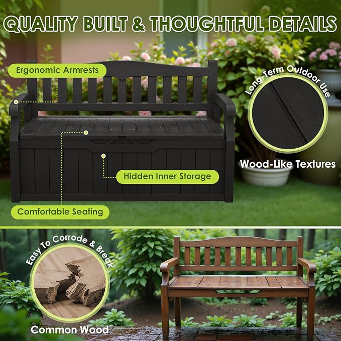 Greesum 80 Gallon Outdoor Storage Bench, Deck Box, Dark Black | - Image 5