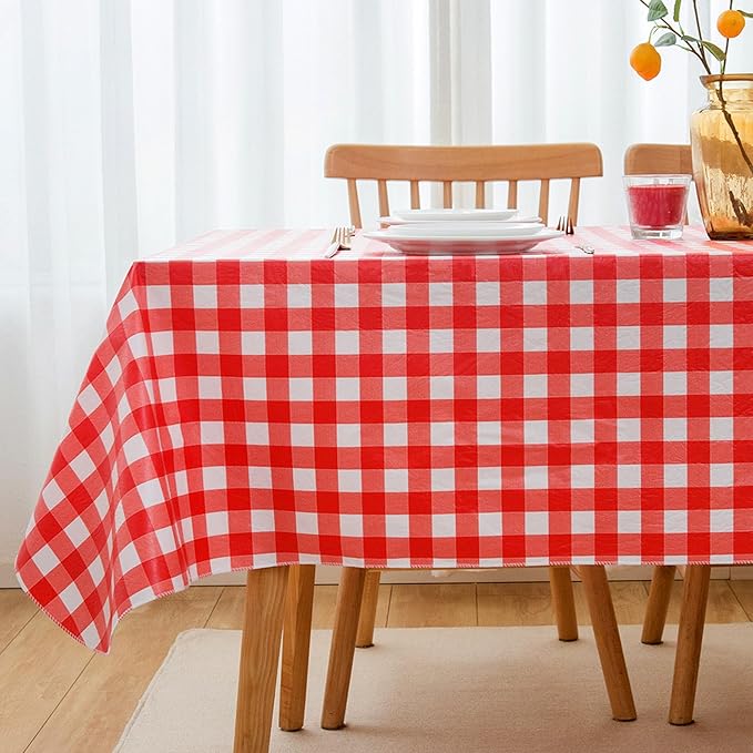 Nasitos 2 Pack Vinyl Picnic Table Cover 60x84 Inch-Flannel Backed Rectangle Waterproof Tablecloth Checkered, Wipeable Plastic Table Cover Red and White for Dinner Party, Picnic, Outdoor
