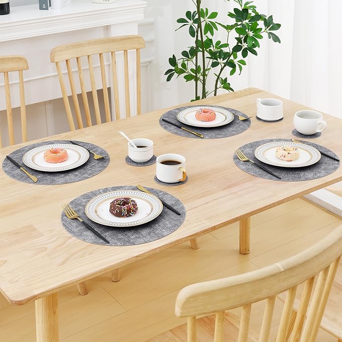 Homaxy Round Faux Leather Placemats and Coasters, Washable Dual-Side Table Mats, Wipeable Heat-Resistant Dining Place Mats for Outdoor and Indoor, Set of 8, Diameter 13 and 3.93 inch, Black