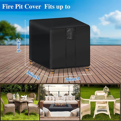 Fire Pit Cover Square- Waterproof Firepit Covers Square (36L x 36W x 24H inches, Black) Outdoor Fireplace Cover Weatherproof and Non Fading