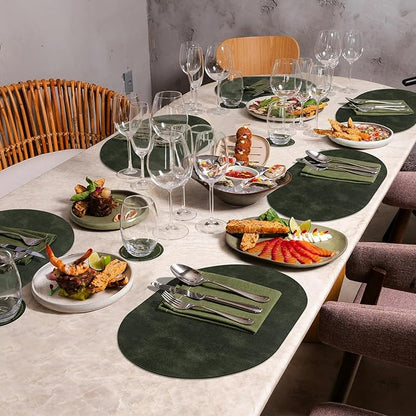 ADRIMER Placemats, Heat Resistant Oval Placemats Set of 12 Washable 12 x 17 Inch, Waterproof Table Mats, Wipeable Pu Place Mats for Kitchen, Dining Room, Olive Green