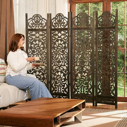 5.75Ft Room Divider Wood Screen, 33Lbs Durable MDF Carved Rustic Style Headboard, Reversible Freestanding Folding Partition Paravent for Home, 69 * 71 inch(H*W) - 4 Panels (Antique Brown)