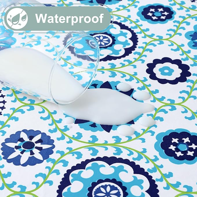 misaya Round Waterproof Vinyl Table Cloth, Wipeable Tablecloth with Flannel Backing, Plastic Table Cover for Dinner, Picnic, Indoor and Outdoor (Navy Mandala, 60")