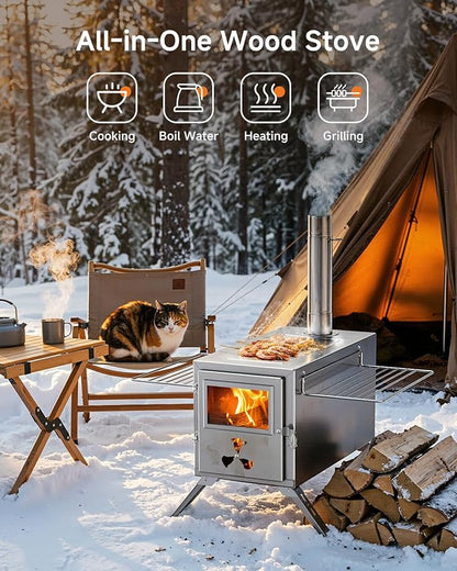 Hot Tent Wood Stove, Portable Wood Burning Stove with 7 Stainless Chimney Pipes, Camping Wood Stove for Outdoor Heating, Cooking, Ice Fishing, Hunting