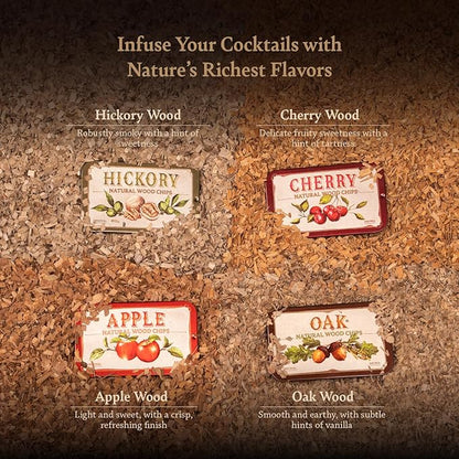 Cocktail Smoker Wood Chips 4 Natural Flavors: Oak, Cherry, Hickory & Apple | Whiskey & Old Fashioned Smoking Chips