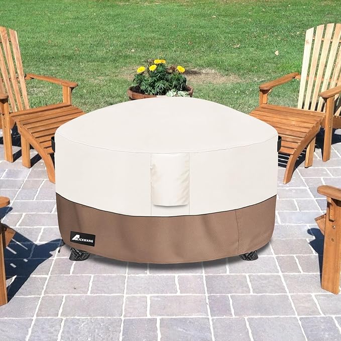 Fire Pit Cover Round 40 Inch Waterproof,Outdoor Heavy Duty Durable 600D Tear-Resistant Fire Pit Table Cover,Patio Round Firepit Cover 40" D x 20" H, Beige