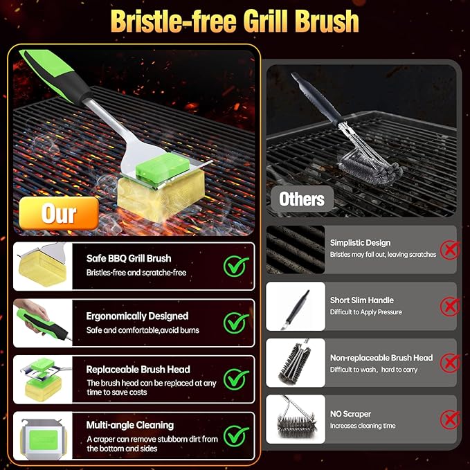 Grill Brush Bristle Free for Outdoor Grill, Steam Grill Cleaning Brush Replaceable BBQ Cleaner Brush Head,Extended Handle, Safe Grill Brush for Cast Iron Stainless-Steel Grates，Light Green